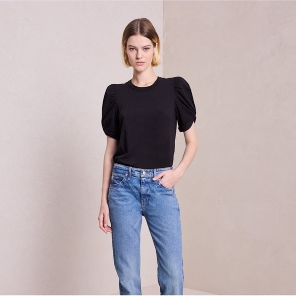 A.L.C. Kati Cotton Ruched Puff sleeve Cotton Top Shirt Tee Black Small